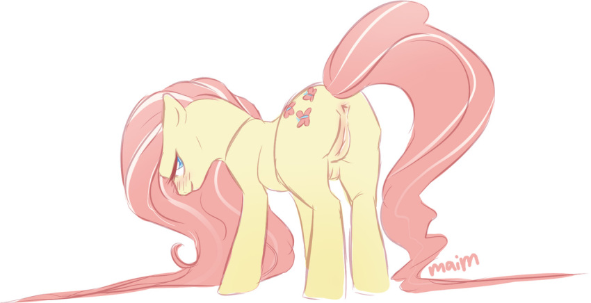 2012 anus ass blush crotchboobs cutie_mark equine female fluttershy_(mlp) friendship_is_magic horse looking_at_viewer looking_back maim my_little_pony plain_background pony pussy solo white_background