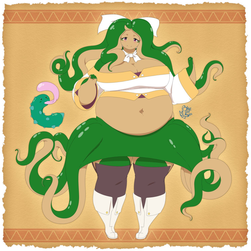 big_breasts bluepaintsea chubby chubby_female green_body green_hair green_skin large_breasts large_female legwear looking_at_viewer octopodiform pepper_(bluepaintsea) pickles_(bluepaintsea) pink_eyes ribbon sea_cucumber smiling tentacle tentacle_hair thick_thighs tongue tongue_out two_tone_body two_tone_hair two_tone_skin white_ribbon