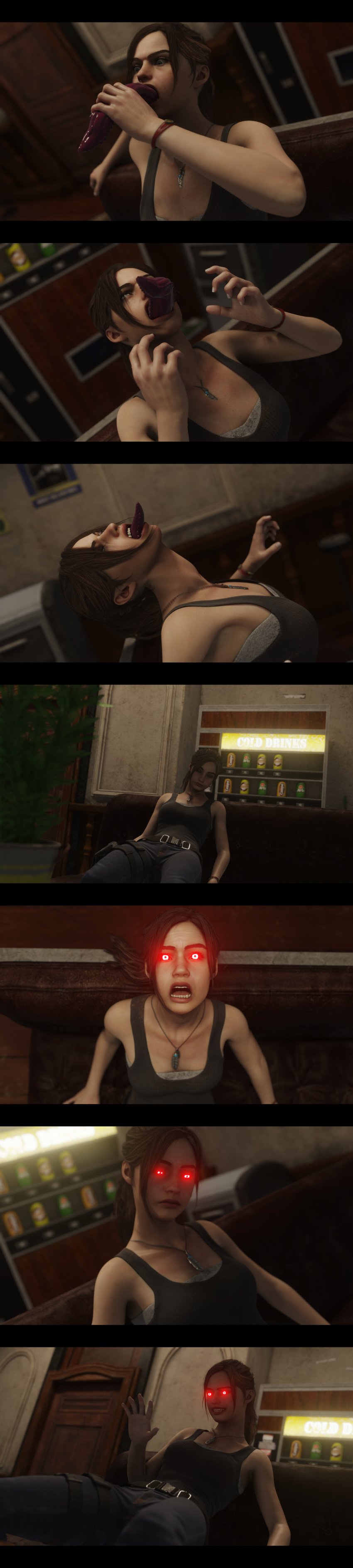 1girls brown_hair capcom claire_redfield closed_eyes clothing comic female glowing_eyes long_hair open_mouth oral oral_invasion parasite penetration possession queenofspookyisland red_eyes resident_evil slug throat_bulge