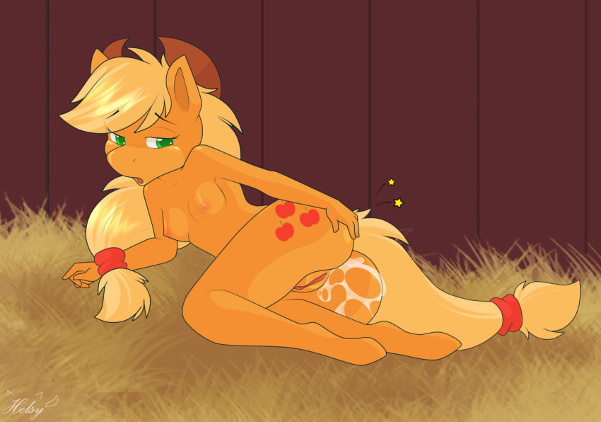 after_sex applejack_(mlp) ass breasts cowboy_hat cum cum_in_ass cum_inside earth_pony equine female female_only friendship_is_magic fur hat helsy horse my_little_pony pony pussy small_breasts smooth_skin solo