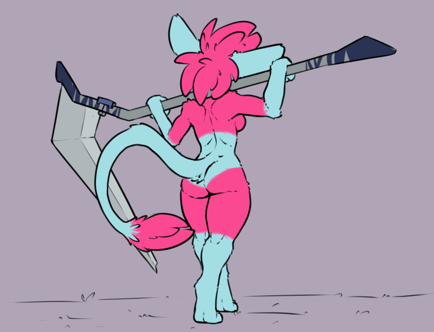 anthro ass breasts female hi_res kyenna_(sarekarandesian) mammal melee_weapon polearm rodent sarek_aran_desian scythe side_boob weapon