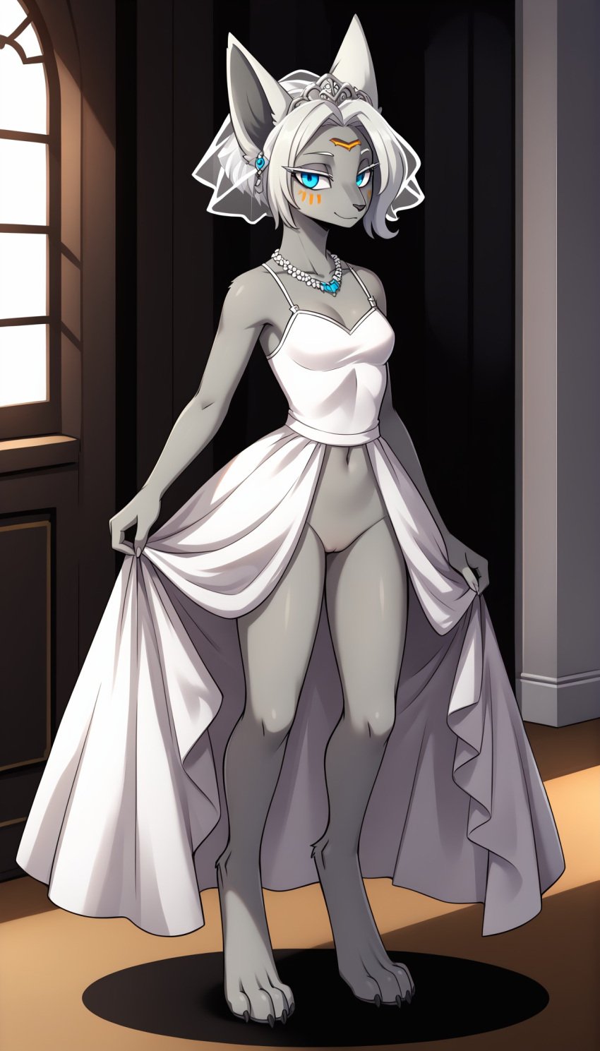 1girls 2024 ai_generated anthro blue_eyes bottomless bottomless_female digitigrade dress_lift female female_only hi_res indoors innie_pussy looking_at_viewer mineru necklace nintendo pussy short_hair smile the_legend_of_zelda the_legend_of_zelda:_tears_of_the_kingdom veil wedding_dress white_hair zonai