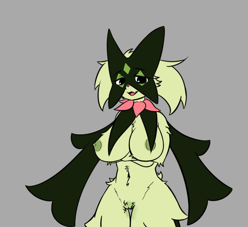 big_breasts breasts felid feline female fur generation_9_pokemon genitals green_body green_fur green_nipples lewd_angel mammal meowscarada nintendo nipples pokemon pokemon_(species) pussy solo