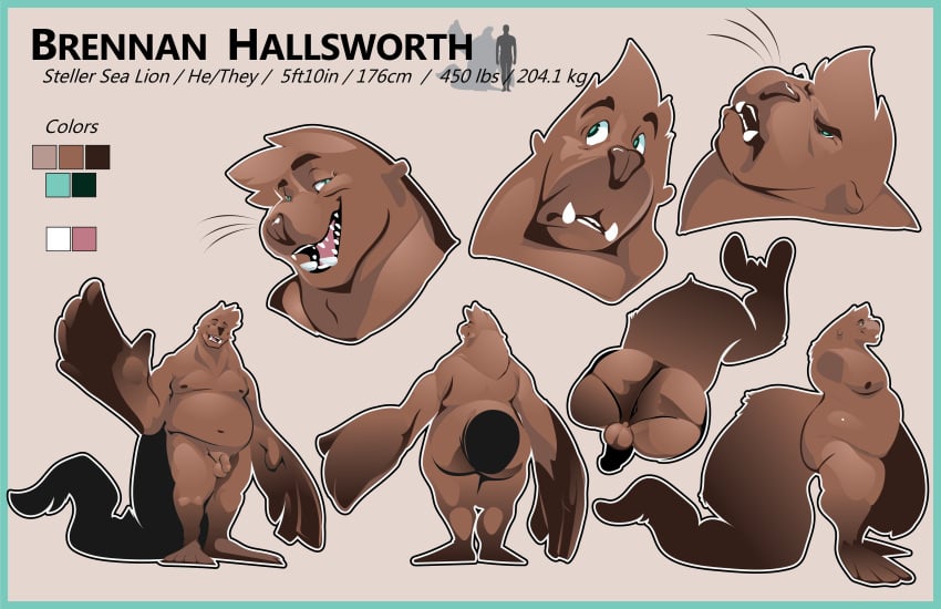 absurd_res anthro ass backsack balls biped brennan_hallsworth brown_body brown_fur color_swatch flaccid fur genitals hi_res humanoid_genitalia humanoid_penis kindofabigseal male mammal marine model_sheet open_mouth open_smile penis pinniped sea_lion smile solo steller_sea_lion tail whiskers