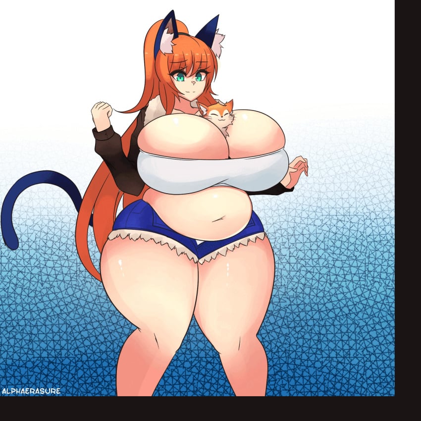 alphaerasure animated ass_expansion belly blue_eyes breast_expansion cat_ears cat_tail chubby chubby_belly feline hourglass_expansion hyper_growth jacket jacket_open orange_cat orange_hair panicking ponytail shorts white_topwear