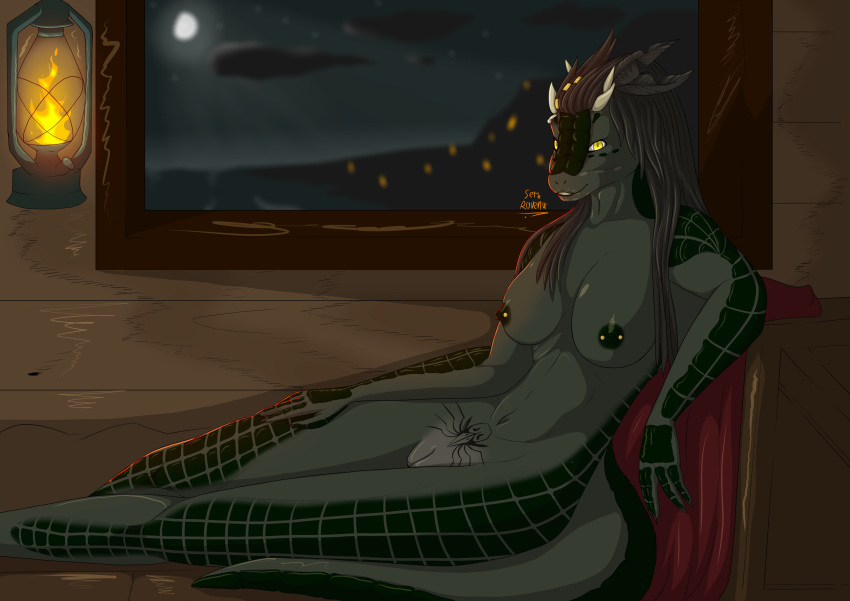 2024 absurd_res anthro argonian beach black_hair boat breasts cel_shading claws crate curvy_anthro curvy_female curvy_figure exposed_breasts eyebrow_piercing facial_piercing feathers female fire floor genitals green_body green_nipples green_scales green_skin grey_pussy hair hand_on_leg hand_on_thigh hi_res horn island jewelry lamp lantern light lights lizard long_hair looking_at_viewer lying moon moonlight navel night nipple_piercing nipples nude on_side piercing pubic_tattoo pussy red_blanket reptile scales scalie sethraven4 shaded shaya_(sethraven4) ship shoreline signature small_breasts smile solo tail teeth teeth_showing the_elder_scrolls vehicle watercraft wide_hips window wood wood_floor yellow_eyes