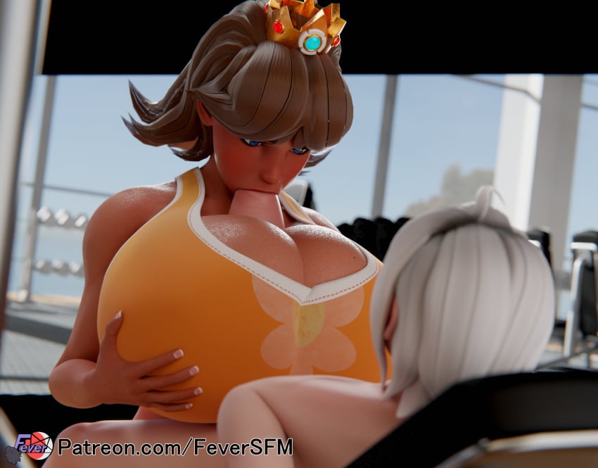 1boy 1girls 3d 3d_(artwork) big_breasts big_penis blowjob boobjob breasts brown_hair cleavage crown female female_on_femboy femboy femboy_on_female feversfm huge_cock hung_femboy indoors male male/female mario_(series) nintendo original_character penis princess_daisy scraggle short_hair straight trap twink unseen_male_face video_game_character white_hair