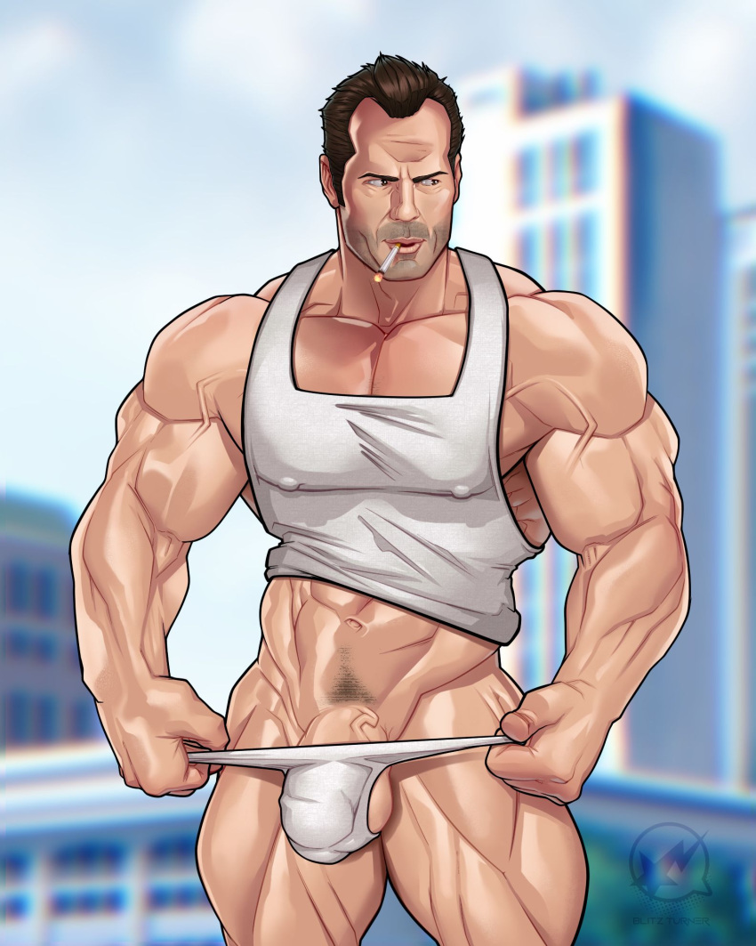 1boy actor bara biceps big_cock big_penis blitzturner bruce_willis caucasian caucasian_male celebrity die_hard huge_cock in_character john_mcclane male male_only muscles muscular muscular_male penis_peek smoking solo solo_male thick_thighs thong veiny_penis