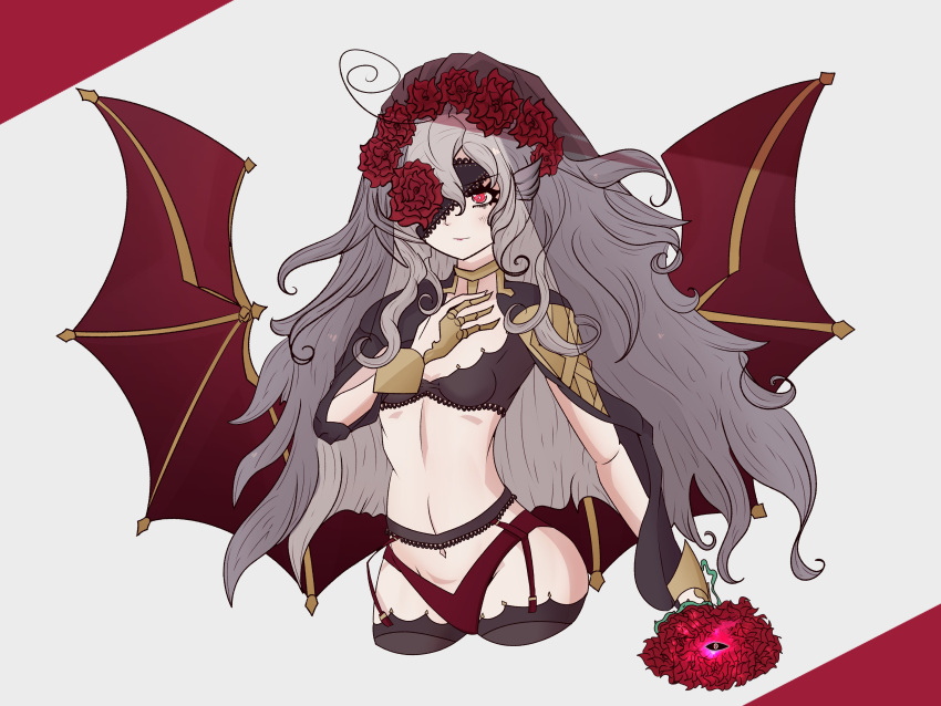 1girls absurdres alternate_costume bare_back bare_thighs bat_wings bra breasts closed_mouth cowboy_shot embla_(closed-off_bride)_(fire_emblem) embla_(fire_emblem) eyepatch female female_only fire_emblem fire_emblem_heroes flower garter_belt grey_hair hair_flower hair_ornament hand_on_own_chest highres lingerie long_hair looking_at_viewer meinou midriff navel nintendo panties red_eyes red_flower red_panties small_breasts solo thighhighs thighs underwear very_long_hair wings