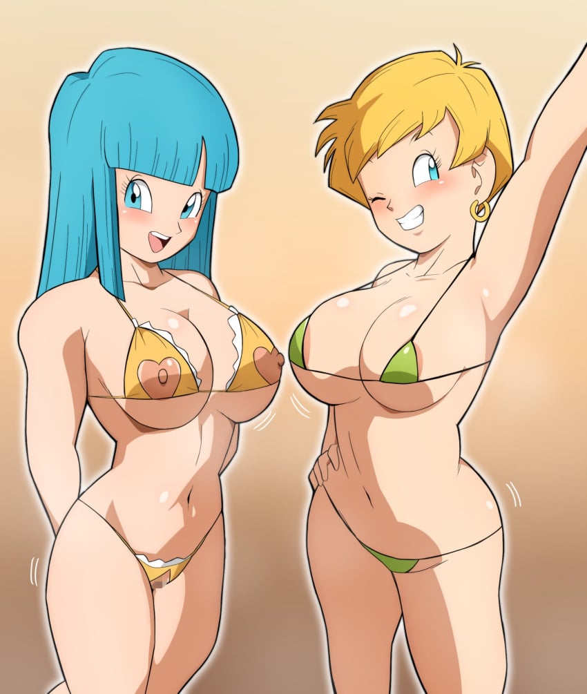 2girls big_breasts bikini blonde_hair blue_eyes blue_hair busty cleavage dragon_ball dragon_ball_z earrings erasa exposed_nipples exposed_pussy light-skinned_female light_skin maron multiple_girls smile swimsuit tikin_kunn wink