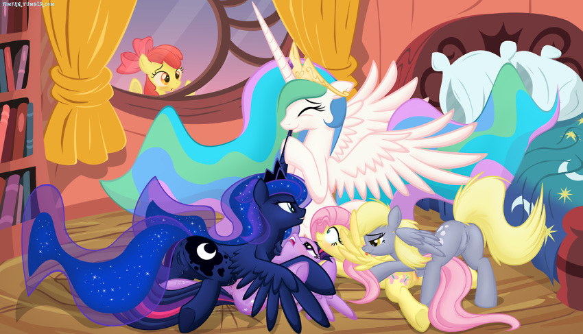 alicorn anus apple_bloom_(mlp) ass bed blush caught derpy_hooves equine female fluttershy_(mlp) friendship_is_magic horn hornjob horse inside junglepony licking my_little_pony pegasus princess_celestia_(mlp) princess_luna_(mlp) pussy straight_hair tiara tongue wing_boner wings yuri