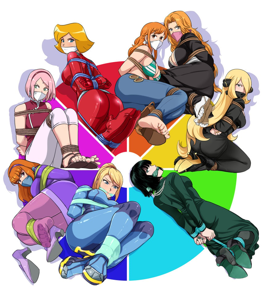 2_bodysuits 6+girls 8girls absurd_res ass big_ass big_breasts bleach blonde_hair blue_bodysuit blue_eyes blue_pants blue_rope bodysuit bondage boruto:_naruto_next_generations bound breasts brown_eyes brown_hair cleave_gag cloth_gag clover_(totally_spies) color_wheel_challenge crossover cynthia_(pokemon) daphne_blake dress eastern_and_western_character female female_only fubuki_(one-punch_man) gag gagged glaring green_dress green_eyes green_hair highres improvised_gag kneeling large_ass large_breasts looking_at_viewer lost_one_zero lostonezero lying matsumoto_rangiku metroid multiple_girls nami nami_(one_piece) naruto naruto_(series) one-punch_man one_piece orange_eyes orange_hair over_the_nose_gag pants pantyhose pink_hair pokemon pokemon_dppt post-timeskip purple_dress purple_pantyhose red_bodysuit rope sakura_haruno samus_aran scooby-doo thighs tied_up totally_spies zero_suit_samus