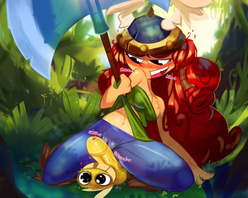 1girls barbara_(rayman) breasts cameltoe chipped_tooth cleavage female flying freckles goooop human lum_(rayman) male pale_skin penis penis_bigger_than_body penis_out rayman_(series) rayman_legends small_but_hung