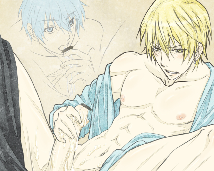 2boys bar_censor blonde_hair blue_eyes blue_hair cum cum_on_body cum_on_lower_body fellatio gay hair kise_ryouta kuroko_no_basuke kuroko_tetsuya male male_only masturbation matching_hair_and_eyes multiple_boys nipples oral penis saliva topless yaoi yellow_eyes