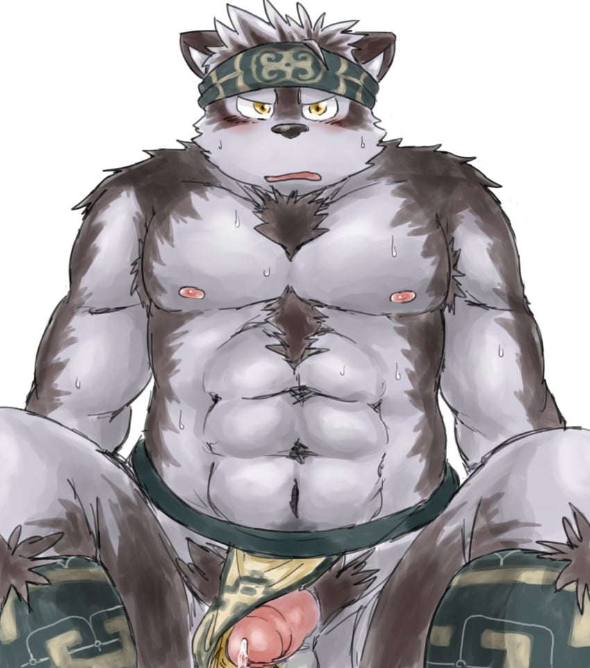 abs accessory anthro blush bodily_fluids canid canine canis clothing cum digital_media_(artwork) fur genital_fluids genitals headband hi_res horkeukamui jockstrap lifewonders male male_focus male_only mammal multicolored_body muscular muscular_anthro muscular_male navel nipples open_mouth pecs penis rampie sitting solo solo_male sweat sweatdrop tokyo_afterschool_summoners underwear wolf