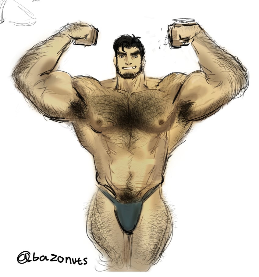 armpit_hair bara bazonuts beard beowulf_(skullgirls) body_hair bulge hairy_arms hairy_chest hairy_male leg_hair male male_nipples male_only male_pubic_hair manly mature_male muscular_male nipples skullgirls thong underwear