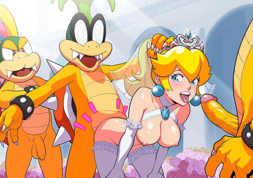 1girls 3boys bare_shoulders bent_over blonde_hair blue_eyes blush bowser cheating cheating_on_wedding_day cleavage cuckold deep_penetration ear_piercing earrings footwear hair_between_eyes hanging_breasts head_grab iggy_koopa koopalings lemmy_koopa long_hair long_sleeves male mario_(series) medium_breasts multiple_penises netorare nipples ntr open_mouth penis ponytail princess_peach sex sex_from_behind sleeves_past_elbows super_mario_bros. super_mario_odyssey tekuho tiara tongue tongue_out uncensored wedding_dress wedding_lingerie wedding_veil white_legwear white_sleeves white_stockings