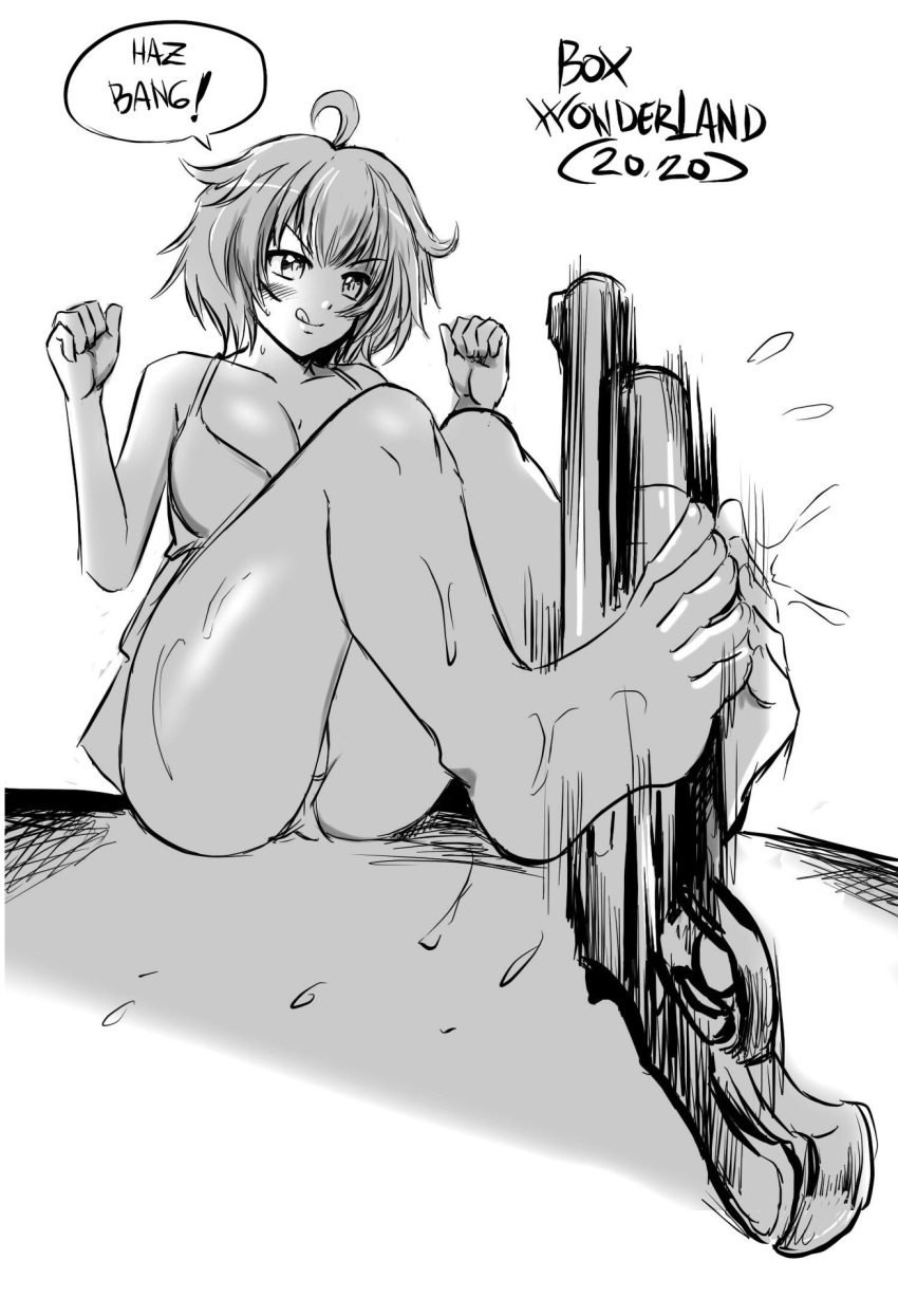 1girls barefoot big_breasts box_wonderland breasts busty cleavage feet female female_only gun highres large_breasts legs licking_lips monochrome naughty_face original panties pantyshot phallic_symbol sexually_suggestive short_hair simulated_footjob sitting sketch smile solo sweat thick_thighs thighs tongue tongue_out underwear weapon yukino_akaihi yukino_memories