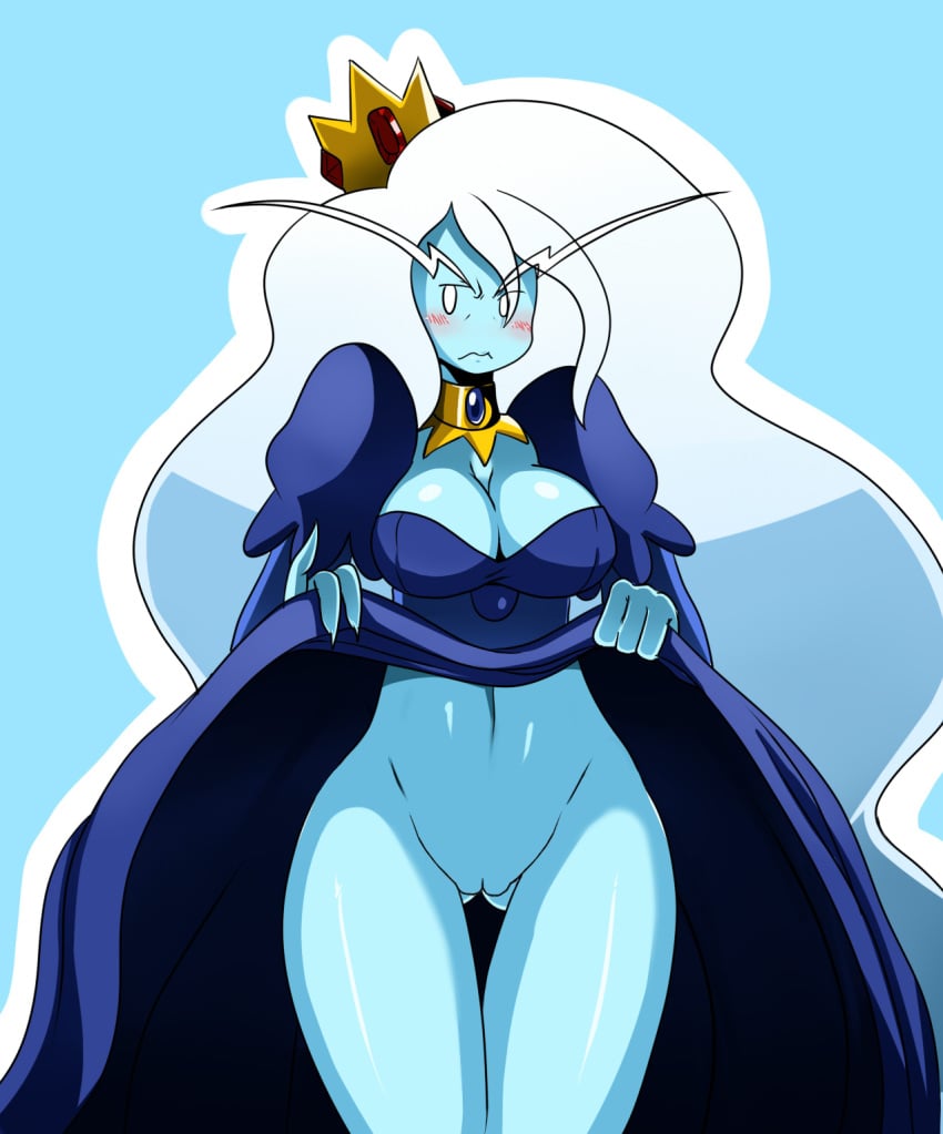 1girls adventure_time blue_theme bottomless crown female genderbent hair high_resolution ice_queen_(adventure_time) long_hair photoshop pussy solo sssonic2 white_eyes white_hair