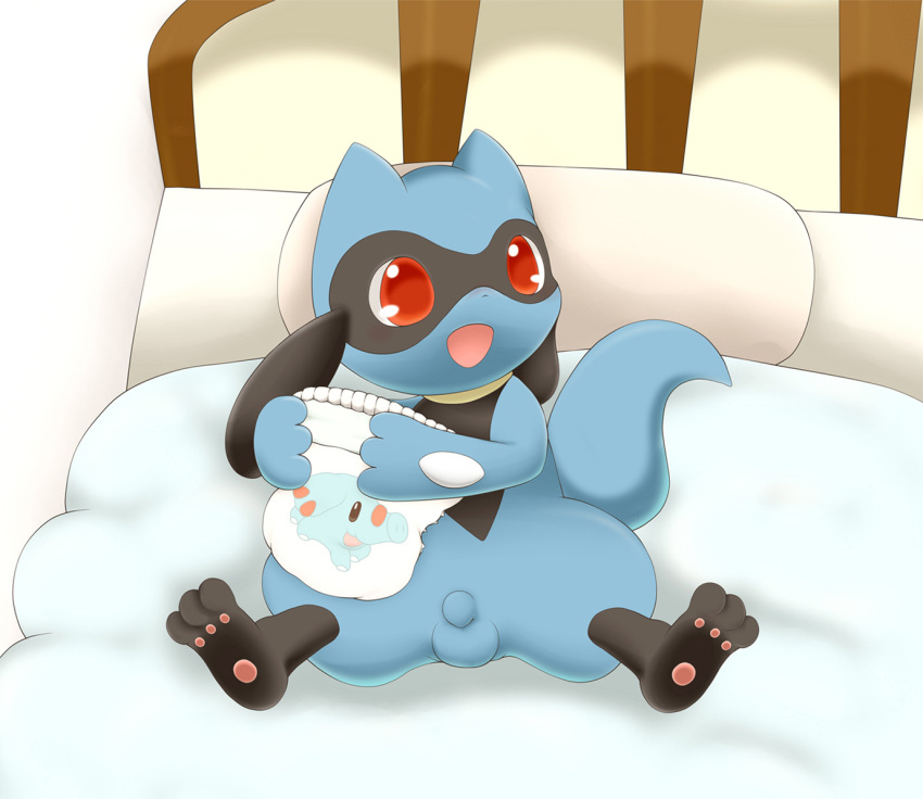 bed color feral front_view fur male male_only nude open_mouth penis pokemon red_eyes riolu schnecken sitting solo tagme testicles