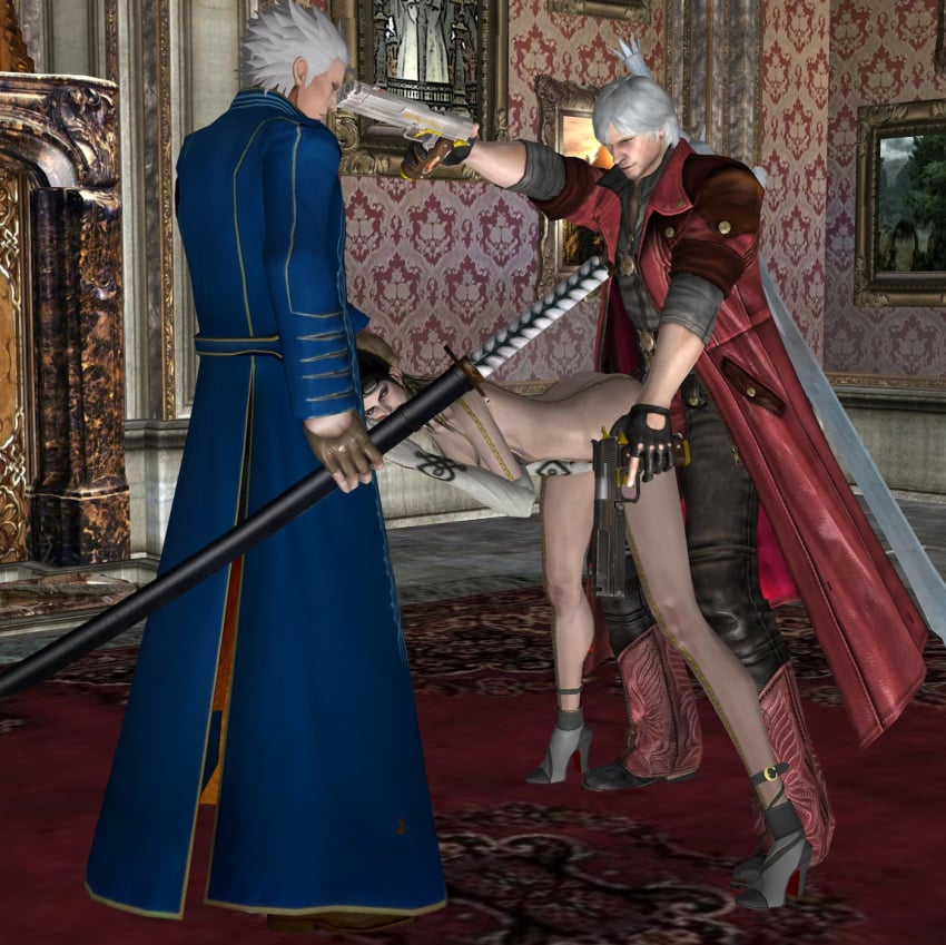 1girls 2boys 3d bayonetta bayonetta_(character) brothers capcom crossover dante devil_may_cry gangbang sega sex threesome vergil wicked_weave