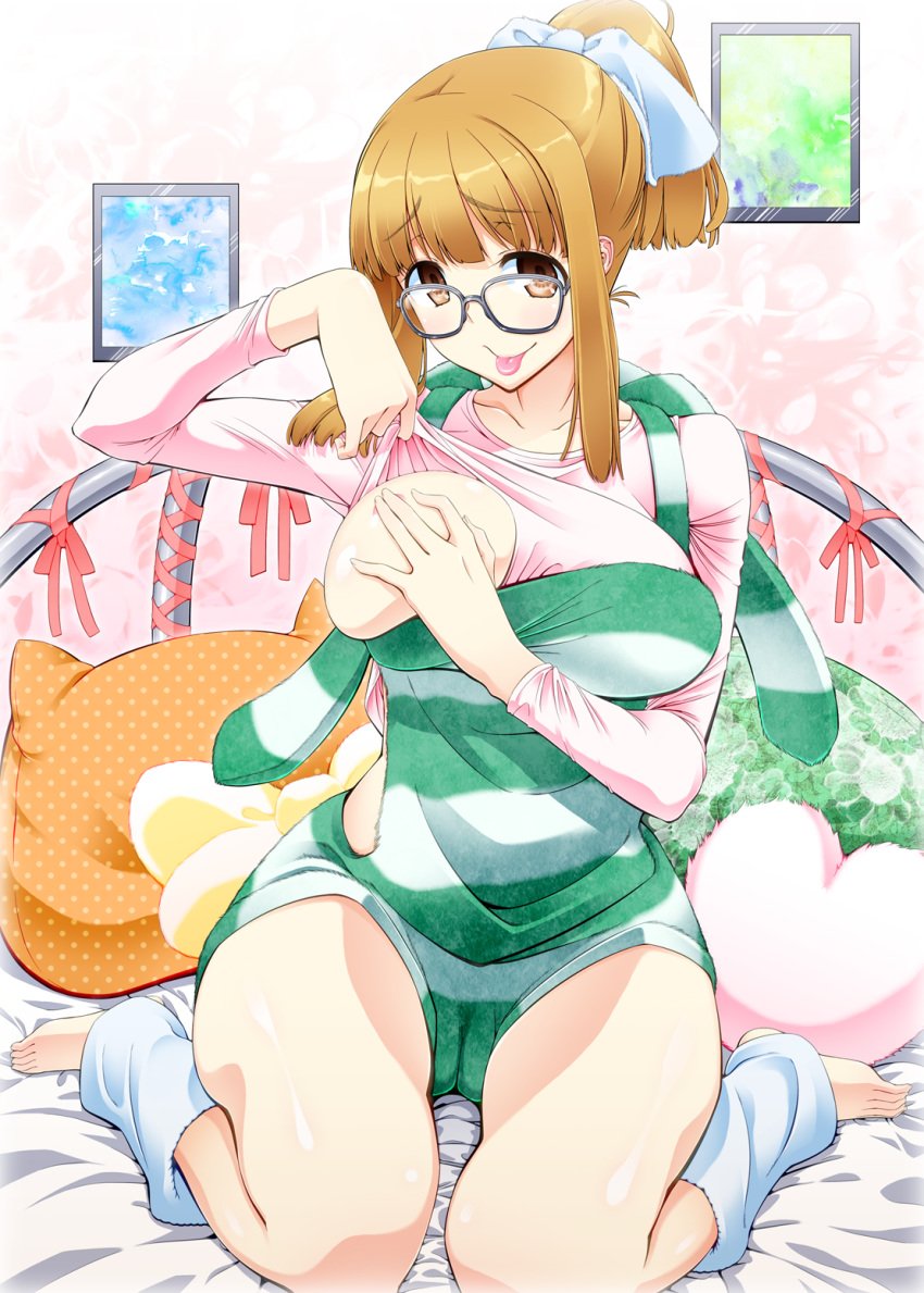 1girls :p barefoot bed blonde_hair breasts brown_eyes brown_hair clothing feet female glasses highres leg_warmers naruse_yuu pajamas ponytail short_hair solo tennjou_mukyuu thighs tied_hair toes tongue tongue_out undressing watashi_ga_motenai_no_wa_dou_kangaetemo_omaera_ga_warui!