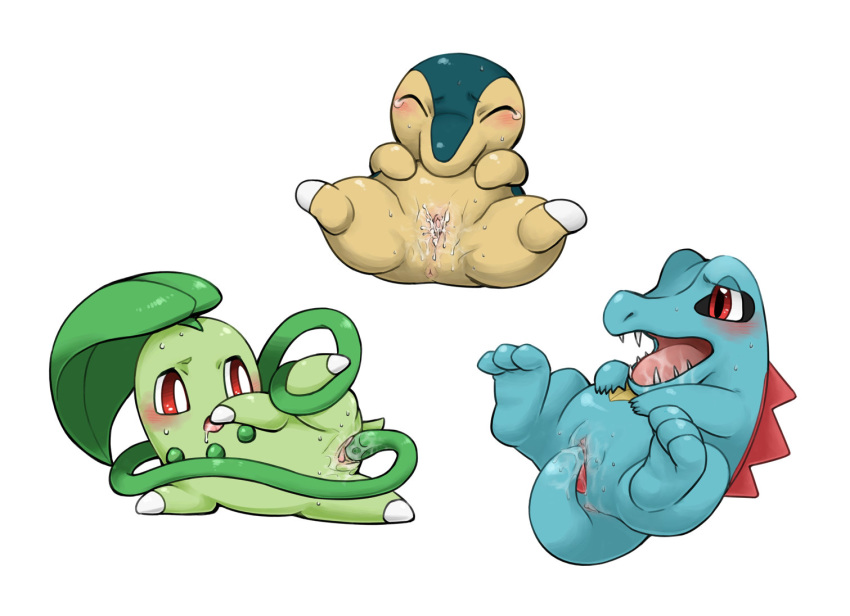 anus ass blush chikorita clitoris cum cum_inside cyndaquil drool female feral komeko-nk masturbation pokemon totodile vagina vaginal_penetration wet white_background