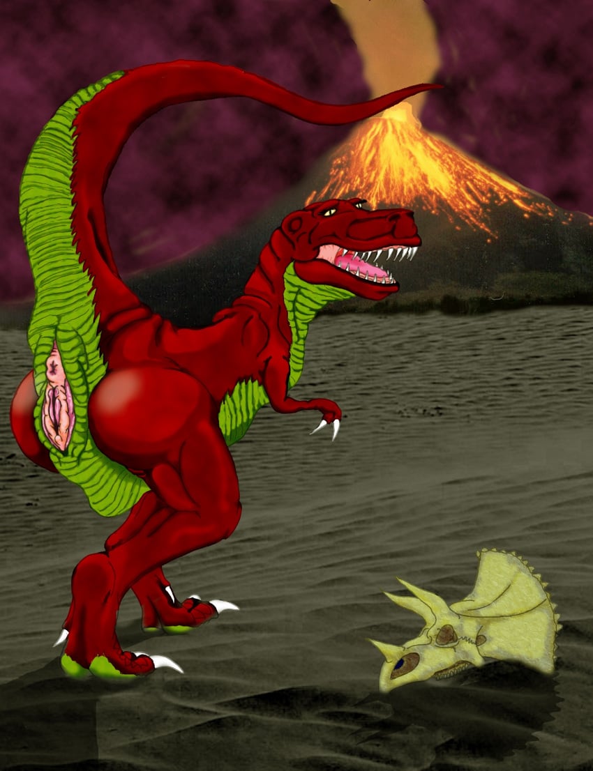 anus ass claws cloud dinosaur female feral original original_character pussy raised_tail scalie solo teeth trex