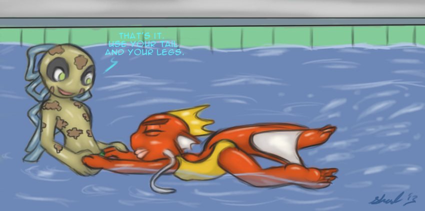 anthro cute feebas female kicking lesson magikarp male pokemon pool shardshatter smooth_skin swimming swimsuit water wet