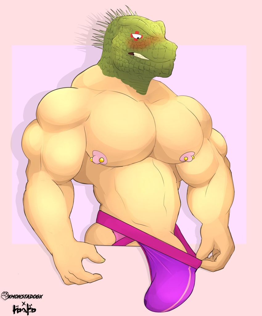 balls bara big_bulge big_pecs bottomless bulge dorohedoro for_a_head jockstrap jockstrap_only kaiman lizard male male_only monstadog muscles muscular nipple_piercing penis solo solo_male