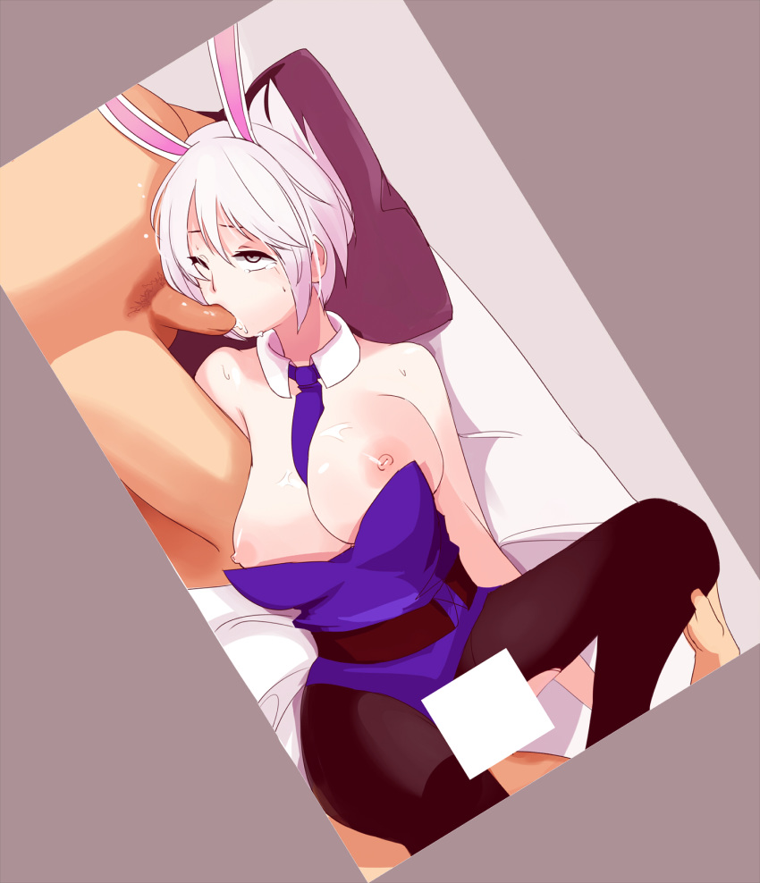 animal_ears battle_bunny_riven breasts bunny_ears bunnysuit censored cleavage clothed_female_nude_male cum cum_in_mouth fat_man fellatio hair large_breasts league_of_legends nasedoha necktie nipples oral overweight_male pantyhose penis riven sex short_hair silver_hair tear