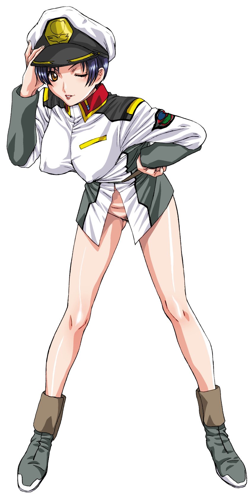 1girls black_hair exposed_legs gundam gundam_seed hand_on_head hand_on_hip leaning_forward looking_at_viewer military_hat military_uniform natarle_badgiruel nipple_bulge no_panties no_skirt orange_eyes peaked_cap pubes pubic_hair shoes short_hair smile smiling_at_viewer solo solo_female solo_focus thighs vagina wink