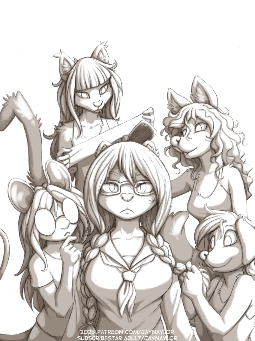 alicia_(jay_naylor) anthro big_glasses braided_hair braided_twintails canine darla_(jay_naylor) domestic_dog felid feline fox francine_(jay_naylor) glasses isadora_(jay_naylor) jay_naylor makeover mouse nerd nerdy_female persephone_(jay_naylor) schoolgirl schoolgirl_outfit schoolgirl_uniform sketch snow_leopard the_fetish_four