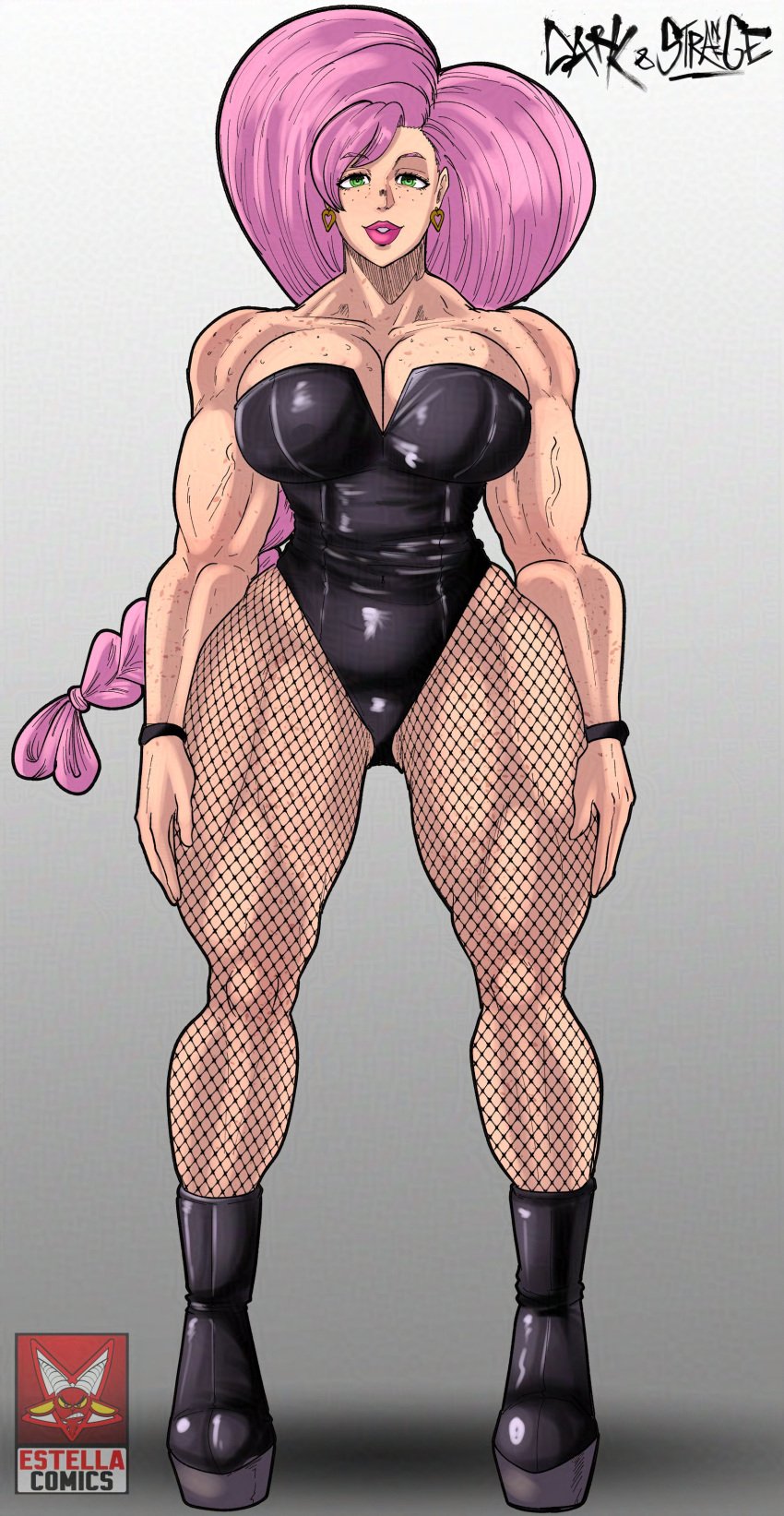 big_hair black_footwear black_leotard boots braided_ponytail broad_shoulders estella_comics fishnet_stockings full_body green_eyes large_breasts long_hair low_ponytail mannyestella mrestella muscular_arms muscular_female muscular_legs original photo_reference pink_lips standing