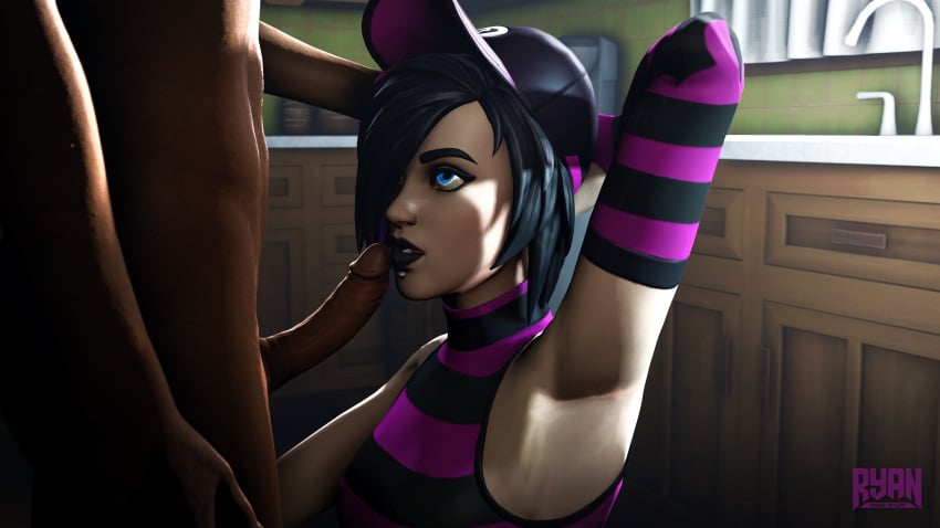 1boy1girl 1girl1boy 3d arm_behind_head armpits black_hair black_lipstick blue_eyes dark-skinned_male dark_penis dark_skin epic_games exposed_armpits female fortnite fortnite:_battle_royale hair_over_one_eye hat indoors interracial jett_(fortnite) light-skinned_female light_skin looking_at_partner male male/female penis_on_face piercing ryandoesstuff