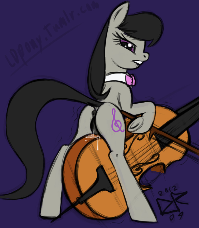 2012 anus black_hair bow_tie cello cutie_mark earth_pony equine female female_only friendship_is_magic fur hair horse ldpony ldr long_hair masturbation musical_instrument my_little_pony octavia_melody plain_background pony purple_eyes pussy pussy_juice solo