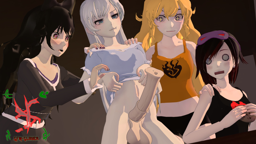 1futa 3d 3girls animal_genitalia balls black_hair blake_belladonna blonde_hair blush clothing cock_shock erection faunus female futanari heart-shaped_pupils horsecock horsecock_futa human human_with_animal_genitalia human_with_horsecock intersex pajamas penis penis_awe red_hair ruby_rose rwby sfmslayer shocked smug source_filmmaker team_rwby testicles weiss_schnee white_hair yang_xiao_long