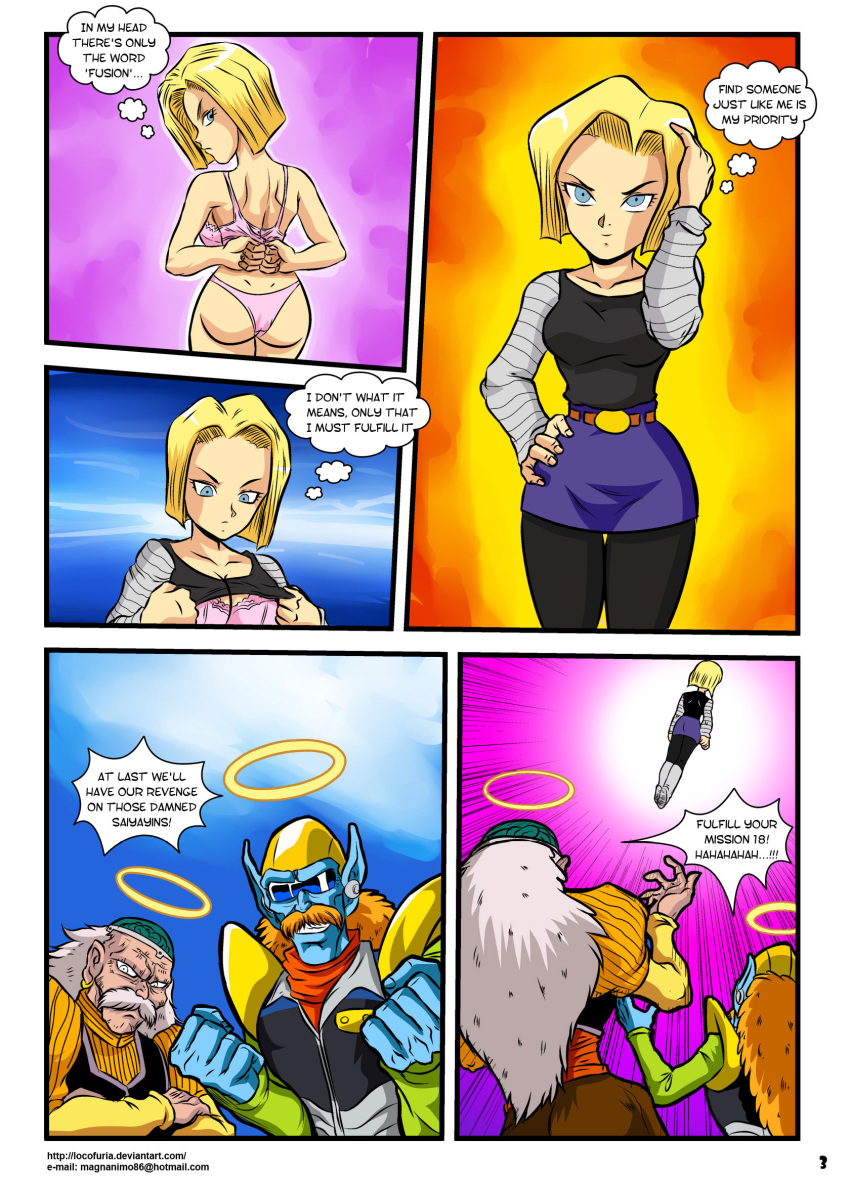 android_18 blonde_hair blue_eyes bra clothes comic deviantart_username dr_gero dr_myuu dragon_ball dragon_ball_gt dragon_ball_z email_address english_text halo locofuria page_3 page_number panties