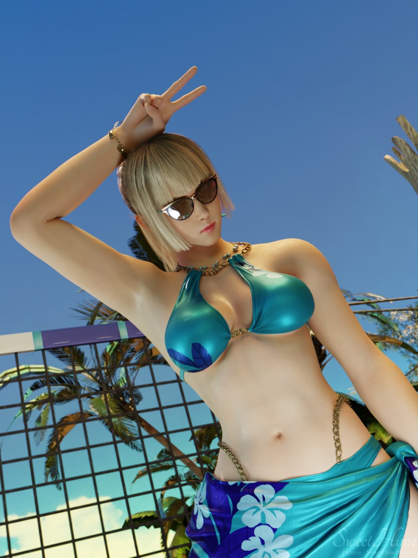 1girls 3d arm_up armpits beach bikini blonde_hair blue_bikini emilie_de_rochefort glasses hime_cut navel peace_sign ponytail sarong solo sunglasses sweethime tekken tekken_8 tinted_eyewear waist_chain