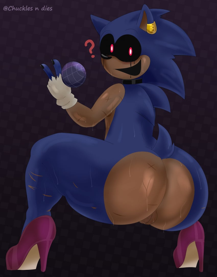 1boy ? anthro artist_name ass big_ass big_butt black_collar black_fingernails chuckles_n_dies_(artist) confused curse_(sonic.exe) dat_ass donnitro72 dripping_wet ear_piercing ear_ring femboy fingerless_gloves glowing_eyes high_heels holding_microphone huge_ass large_ass looking_at_viewer looking_back male male_only microphone presenting_hindquarters rear_view self_harm_scars solo sonic.exe sonic.exe_(series) sonic_(series) sonic_the_hedgehog sonic_the_hedgehog_(series) squatting thick thick_ass thick_thighs wet wide_hips