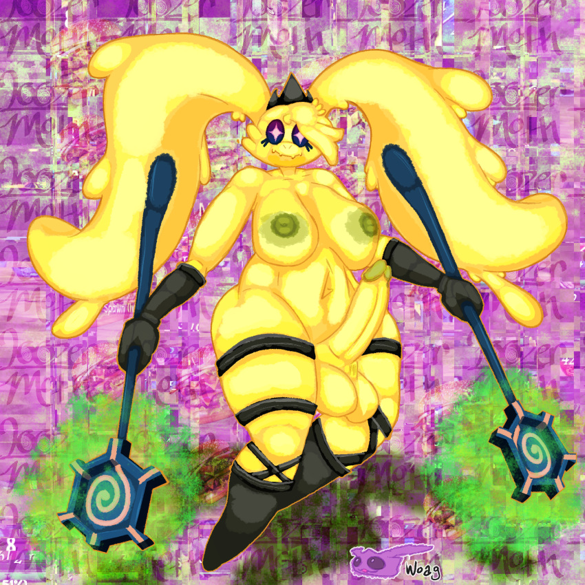 anthro areola atlyss belly big_breasts big_nipples boots breasts clothing crown erection footwear futanari garter_straps genitals gloves goo_creature gynomorph handwear headgear hi_res humanoid_genitalia hybrid intersex loozermoth magic magic_user nipples psychedelic royalty shoes slime slime_diva solo staff