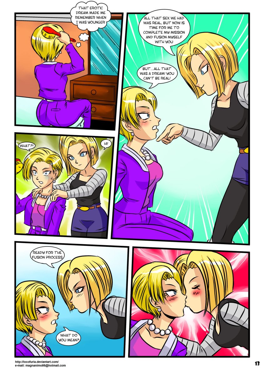 2girls android_18 blonde_hair blue_eyes blush comic deviantart_username dragon_ball dragon_ball_gt dragon_ball_z email_address english_text female female_only human kissing locofuria mirror multiple_females necklace page_13 page_number selfcest yuri