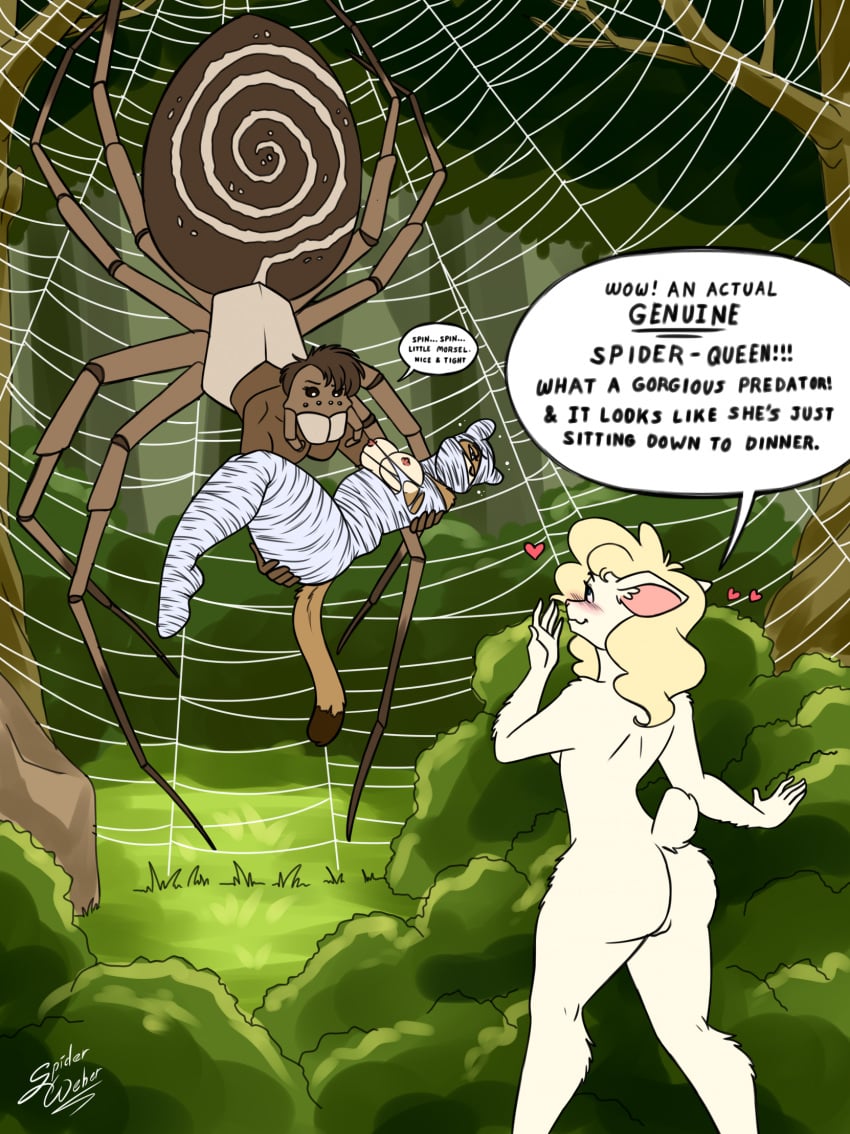 8_legs anthro arachnid arthropod arthropod_webbing ass bondage bondage bound bovid caprine dialogue felid female group heart_symbol hi_res lion mammal mandibles pantherine sheep speech_bubble spider spider_web spiderweber trio web_bondage