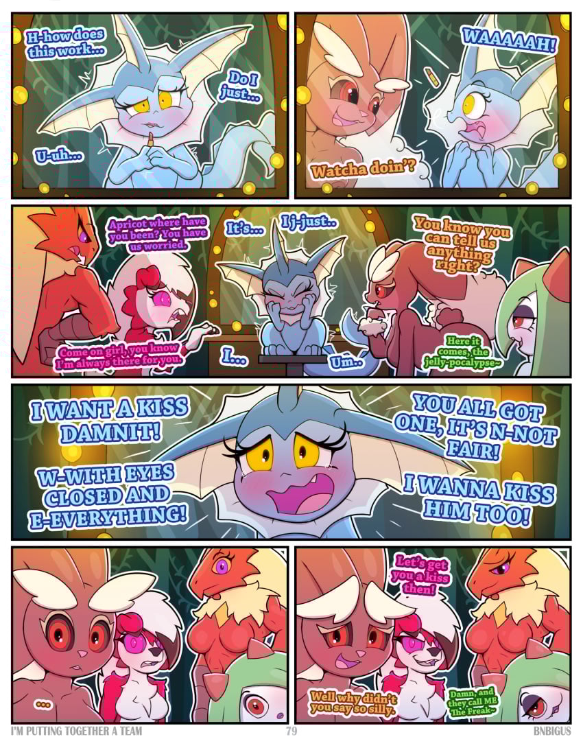 apricot_(bnbigus) bibi_(bnbigus) blush bnbigus camping carnage_(bnbigus) comic dialogue forest hot_stuff_(bnbigus) im_putting_together_a_team mirror no_sex page_79 pokemon pokemon_(species) polyamory tears text the_freak_(bnbigus) wholesome