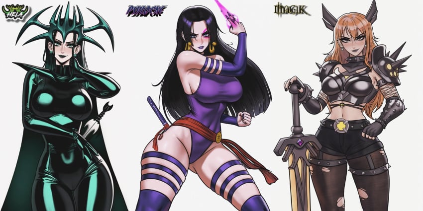 3girls bare_arms bare_legs bare_shoulders bare_thighs big_breasts black_hair blue_eyes boa_hancock bodysuit breasts cape clothed clothing color cosplay crossover crossover_cosplay crown female female_focus female_only green_eyes hela hela_(cosplay) hela_(marvel_rivals) hi_res huge_breasts large_breasts leotard light-skinned_female light_skin long_hair magik_(cosplay) magik_(marvel_rivals) marvel marvel_comics marvel_rivals multiple_girls nami nami_(one_piece) nico_robin one_piece orange_hair prixmal psylocke psylocke_(cosplay) purple_leotard seductive shounen_jump spikes sword thick_thighs tight_clothing wide_hips x-men