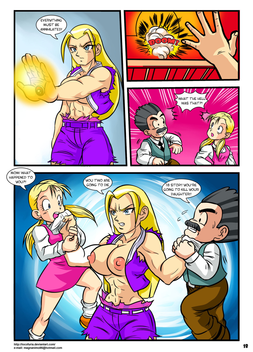 android_18 blonde_hair blue_eyes breasts comic deviantart_username dragon_ball dragon_ball_gt dragon_ball_z email_address english_text family father_and_daughter female human husband_and_wife krillin kuririn light-skinned_female light-skinned_male light_skin locofuria male marron mother_and_daughter page_18 page_number torn_clothes