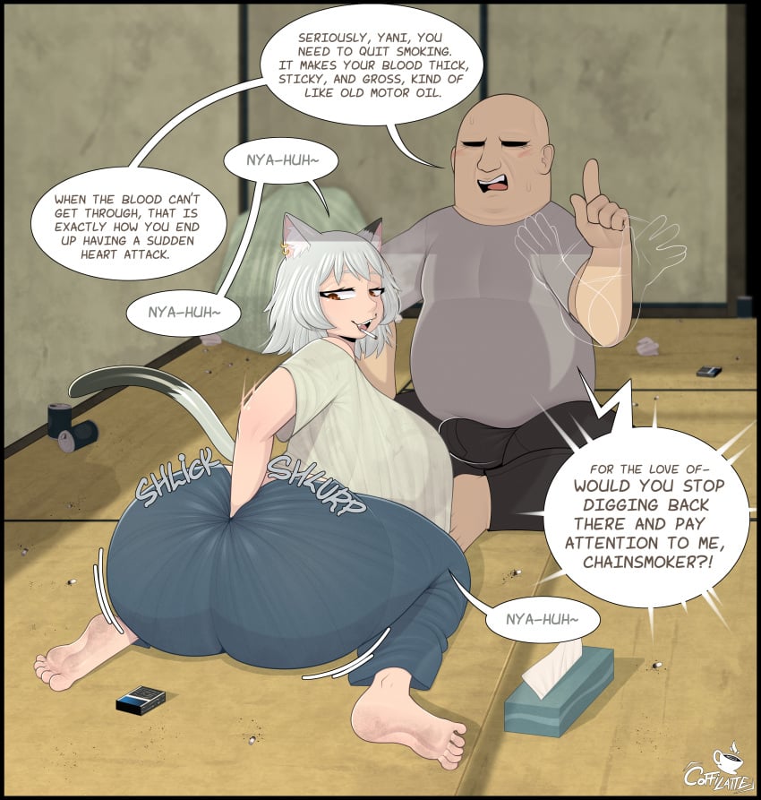 1boy 1boy1girl 1girls 2026 bald bald_male big_ass big_breasts big_penis blushing brown_eyes bubble_butt bulge bulge_down_leg bulge_through_clothing butt_digging casual casual_exposure cat_ears cat_tail catgirl child_bearing_hips coffilatte dat_ass dialogue digging_up_in_they_ass dumptruck_ass earrings fat fat_ass fat_male female horny horny_male huge_ass huge_breasts huge_cock imminent_rape imminent_sex looking_at_partner looking_back looking_pleasured male male/female nasty ooya_(yani_neko) posing posing_for_the_viewer scratching scratching_butt slob smoking smoking_cigarette text thick_thighs thunder_thighs white_hair yani_neko yani_neko_(yani_neko)