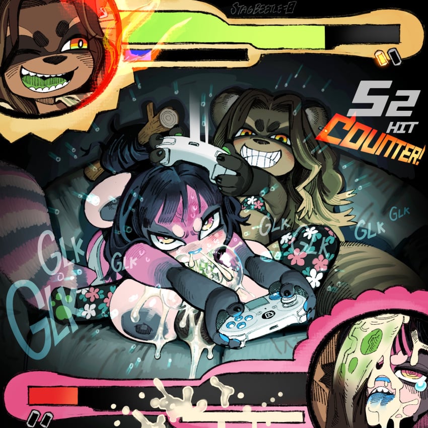 balls big_balls big_breasts big_penis bra breasts cum cum_on_face cum_through_nose excessive_cum fellatio female femboy furry gameplay_mechanics green_penis grin male namnums oral original_character original_characters paizuri penis stagbeetle tanuki thighhighs video_game_controller video_games