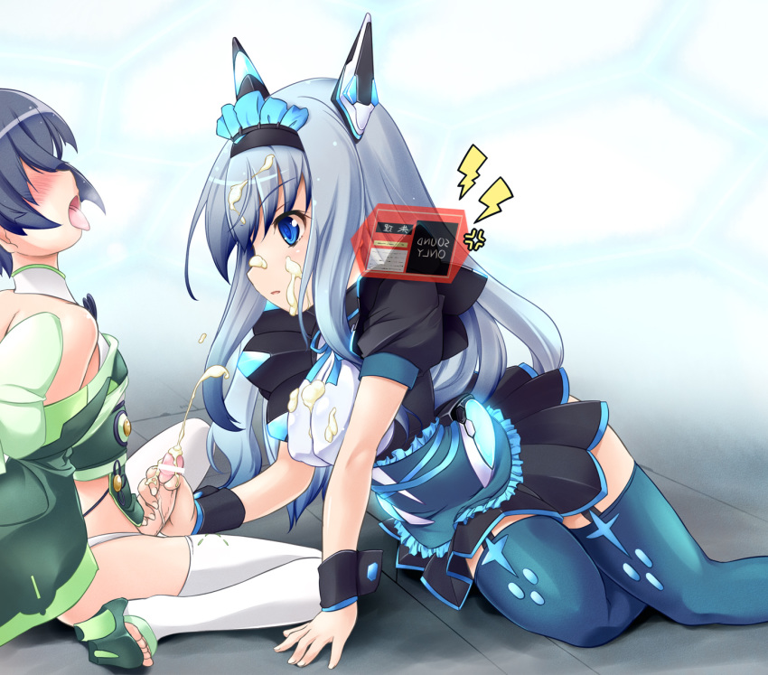 arm_support blue_eyes blue_hair blush cum cum_on_clothes dodonpachi dodonpachi_saidaioujou ejaculation facial futanari garter_straps hair_ornament hair_over_eyes handjob high_resolution hikari_(saidaioujou) intersex maid_headdress maria_(saidaioujou) multiple_girls penis thighhighs tongue tongue_out uma_(tnk-power)