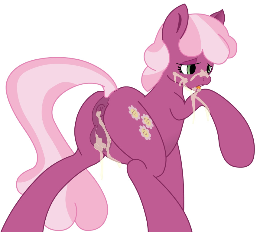 anus ass cheerilee_(mlp) color cum cum_in_ass cum_in_pussy cum_inside cum_on_face cutie_mark dovne earth_pony equine female female_only friendship_is_magic fur green_eyes horse inflation my_little_pony plain_background pony presenting presenting_hindquarters pussy solo tongue two_tone_hair white_background